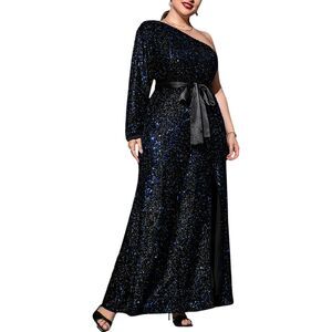 NEW Sequined One-Shoulder Dress. Black Blue. Long Sleeve. Lined w/Slit. Plus 3X